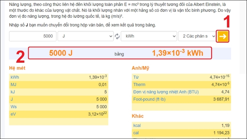 Kết quả quy đổi sẽ hiển thị ngay bên dưới