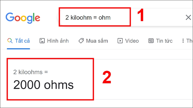 Đổi đơn vị kilo Ôm bằng Google