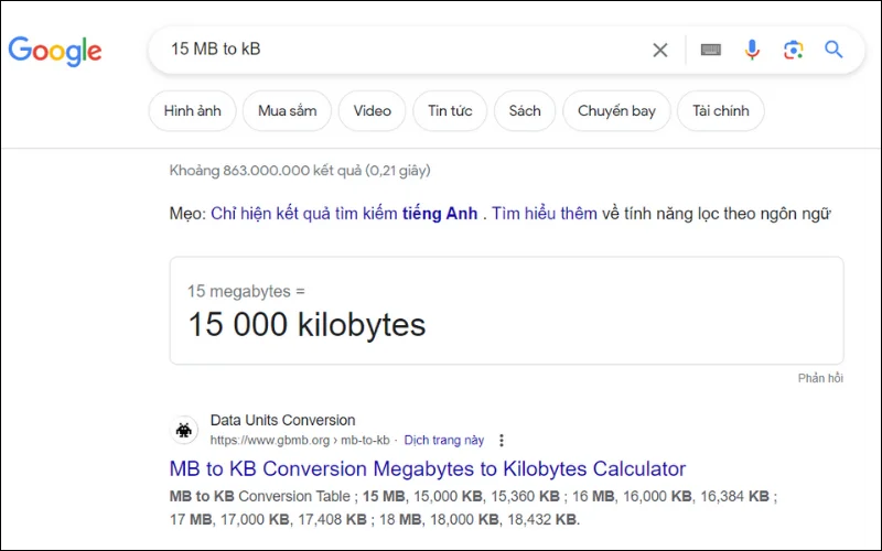 Truy cập vào trang chủ Google và gõ vào ô tìm kiếm theo cú pháp “X MB to UNIT“