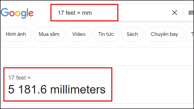 Chuyển đổi đơn vị feet sang mm bằng Google