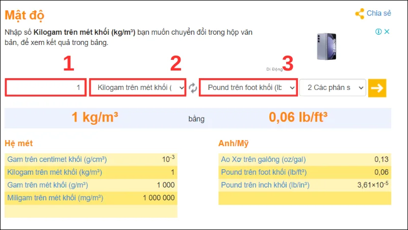 Nhập số lượng muốn chuyển, chọn đơn vị là kg/m3, chọn đơn vị muốn chuyển đổi