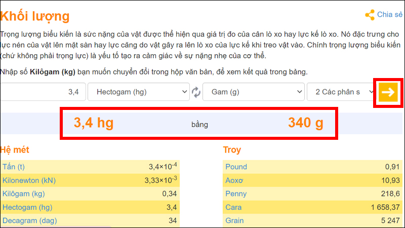 Nhấn chọn dấu mũi tên để chuyển đổi và xem kết quả