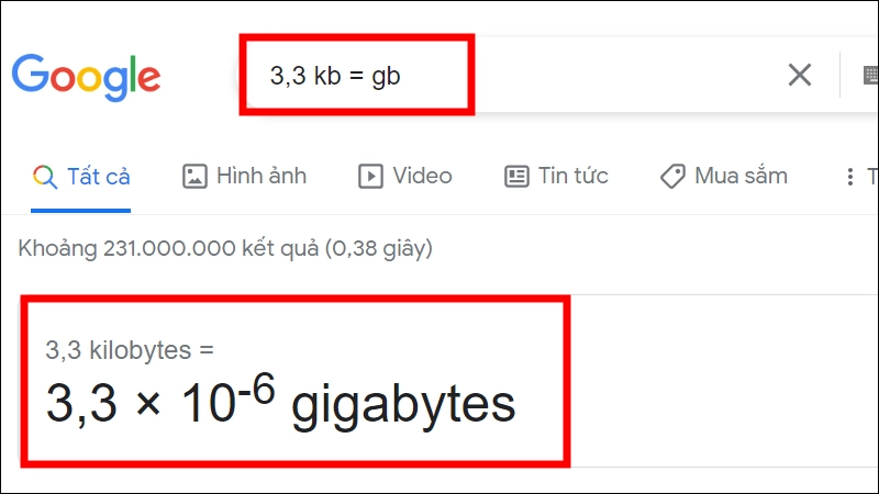 Đổi kB sang GB bằng Google