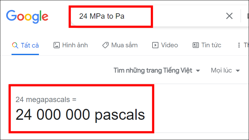 Đổi đơn vị MPa bằng Google