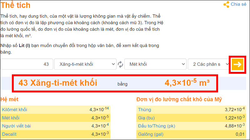 Nhấn chọn dấu mũi tên để chuyển đổi và xem kết quả