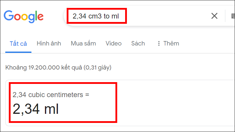 Đổi đơn vị cm3 bằng Google