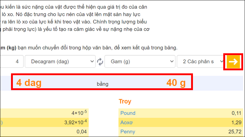 Nhấn chọn dấu mũi tên và xem kết quả