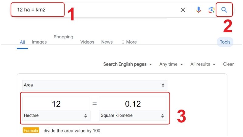 Đổi hecta (ha) bằng Google