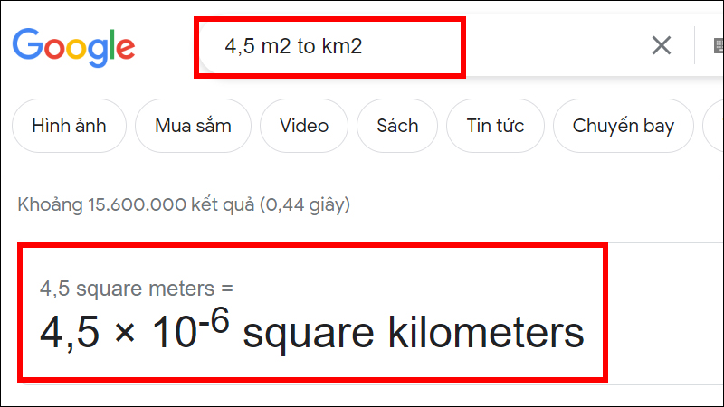 Quy đổi đơn vị m2 bằng Google