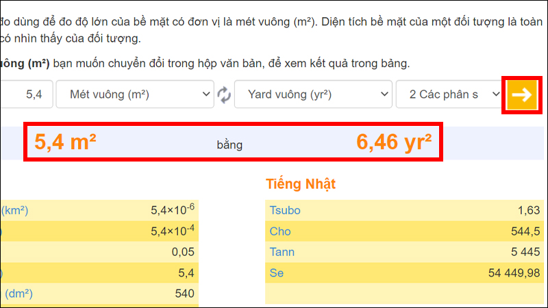 Nhấn chọn dấu mũi tên để chuyển đổi và xem kết quả