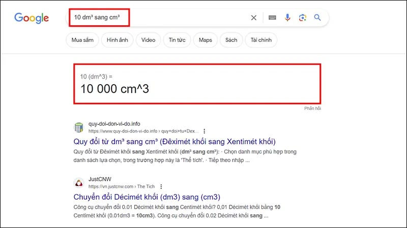 Đổi 10 dm³ sang cm³ bằng Google