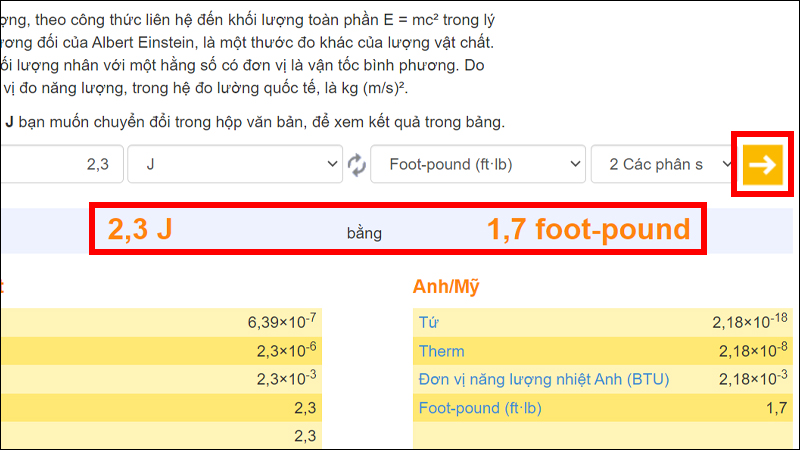 Chọn mũi tên để chuyển đổi và xem kết quả bên dưới