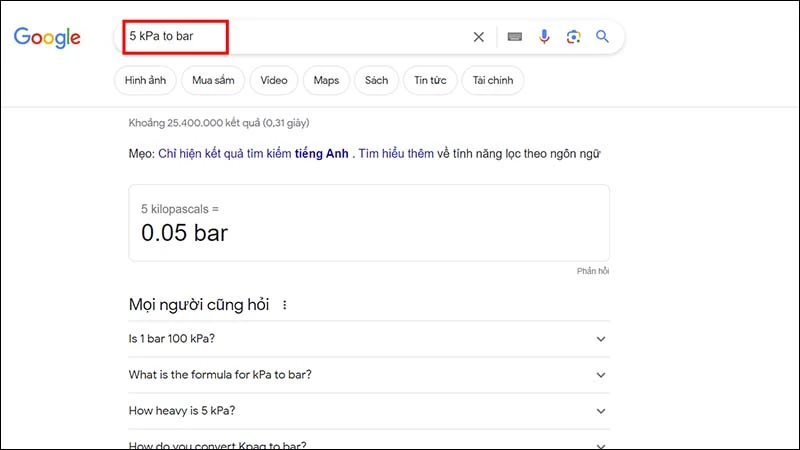 Chuyển đổi kPa sang Bar bằng Google