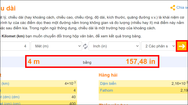 Nhấn chọn dấu mũi tên để chuyển đổi và xem kết quả