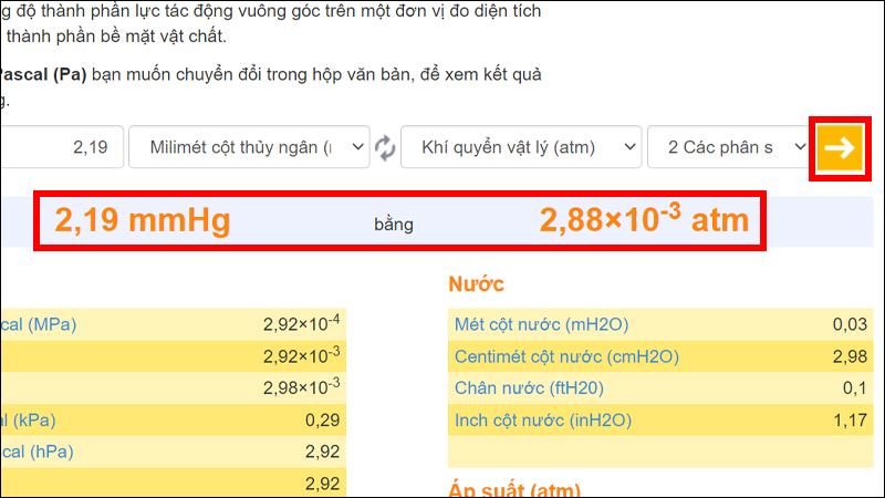 Nhấn chọn dấu mũi tên để chuyển đổi và xem kết quả