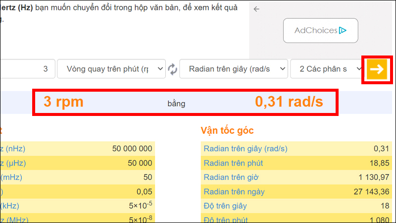 Nhấn chọn dấu mũi tên để chuyển đổi và xem kết quả