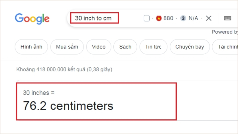 Đổi đơn vị inch bằng Google