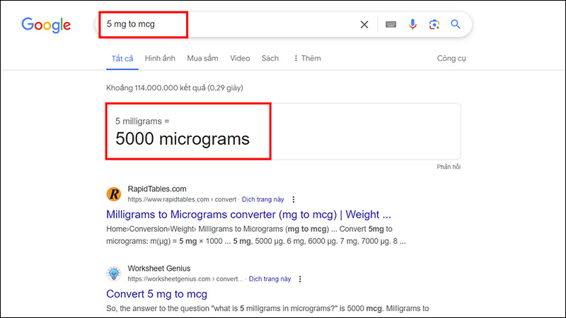 Đổi mg sang mcg bằng Google