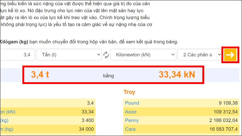 Nhấn chọn dấu mũi tên để chuyển đổi và xem kết quả