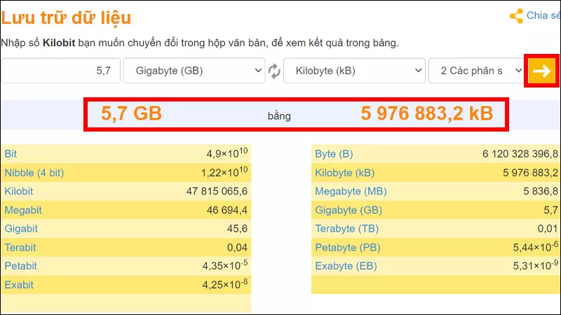 Nhấn chọn dấu mũi tên để chuyển đổi và xem kết quả hiển thị