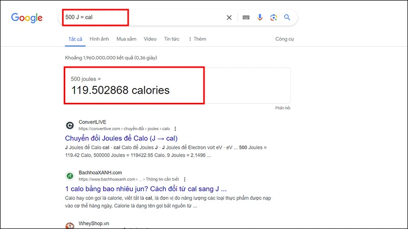 Quy đổi đơn vị Jun sang Calo bằng Google