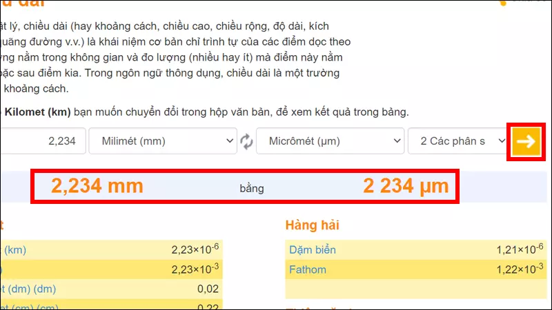 Nhấn chọn dấu mũi tên để chuyển đổi và xem kết quả