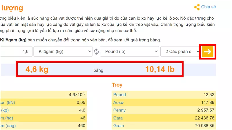 Nhấn mũi tên để thực hiện chuyển đổi và xem kết quả