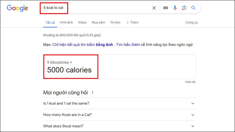 Quy đổi đơn vị kcal sang cal bằng Google