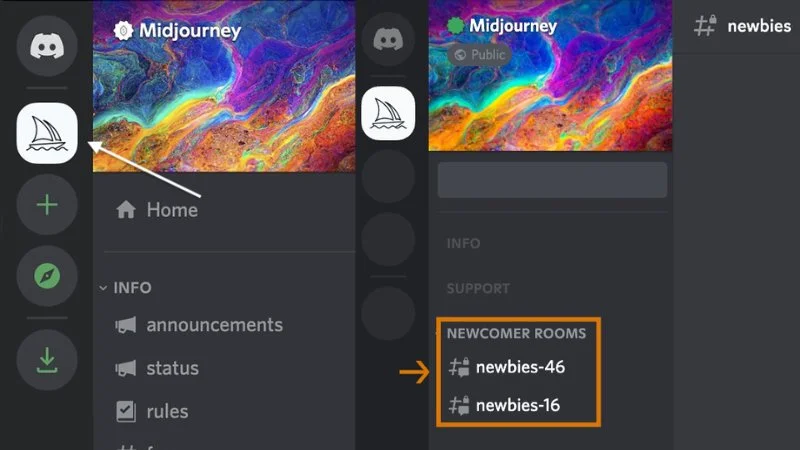 Truy cập vào Discord, chọn Midjourney Bot và chọn kênh có từ khóa "Newbies"