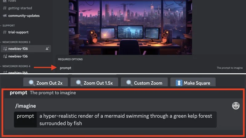 Nhập từ khoá “/imagine” vào hộp chat, chọn "prompt" và nhập mô tả rồi Enter